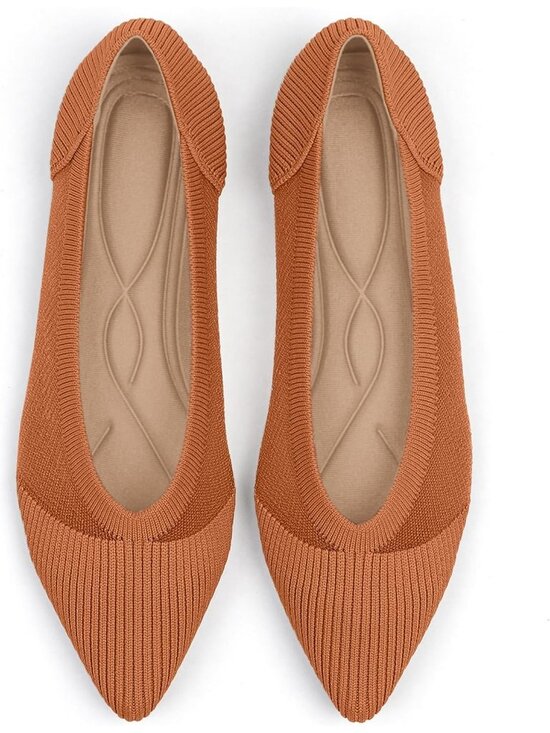 Shoes - Women's Brown Pointed Toe Knit Comfortable Dressy Mesh Pull On Ballet Flats